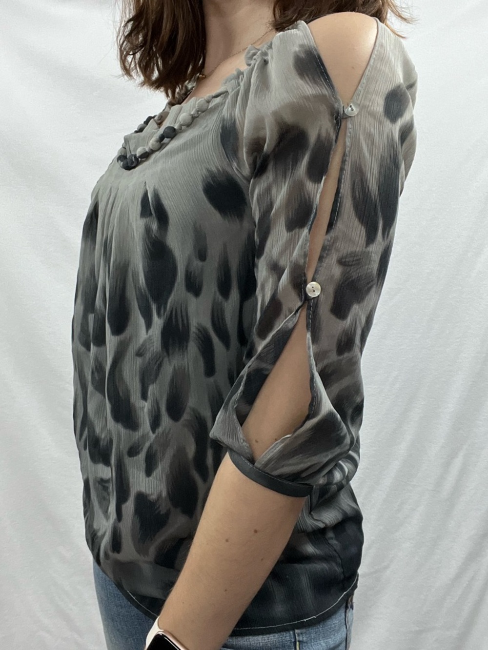 Gray Animal-Print Cold-Shoulder Blouse with Roll-Tab Sleeves